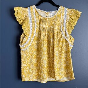 Anthropologie Jennifer🤍Grace Mustard Floral Lace Trim Blouse